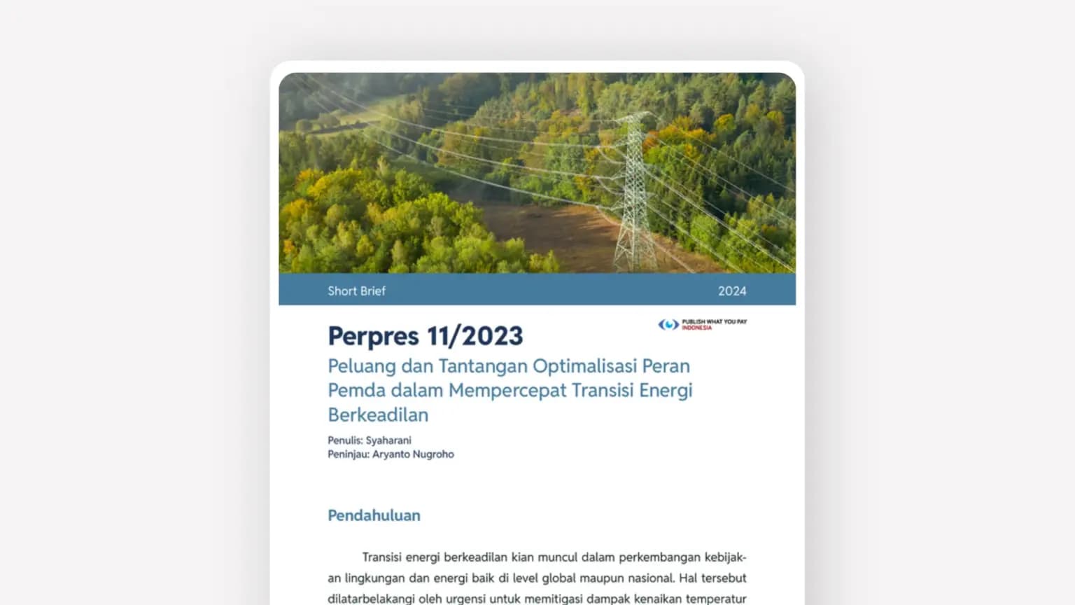 Cover: Perpres 11/2023: Peluang dan Tantangan Optimalisasi Peran Pemda dalam Mempercepat Transisi Energi Berkeadilan