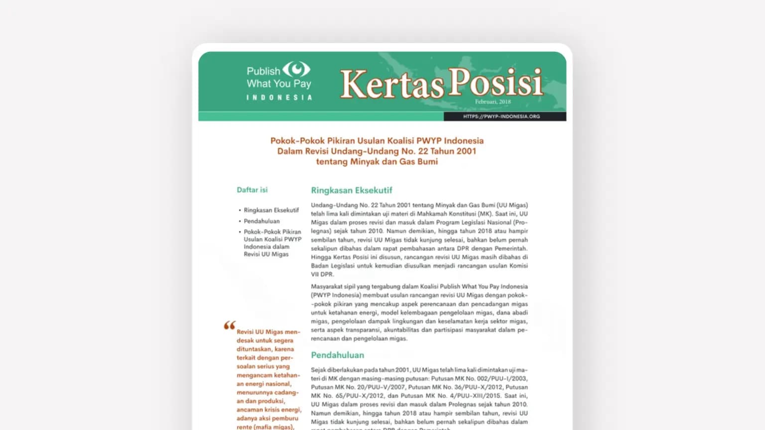 Cover: Pokok-Pokok Pikiran Usulan Koalisi PWYP Indonesia Dalam Revisi Undang-Undang No. 22 Tahun 2001 tentang Minyak dan Gas Bumi
