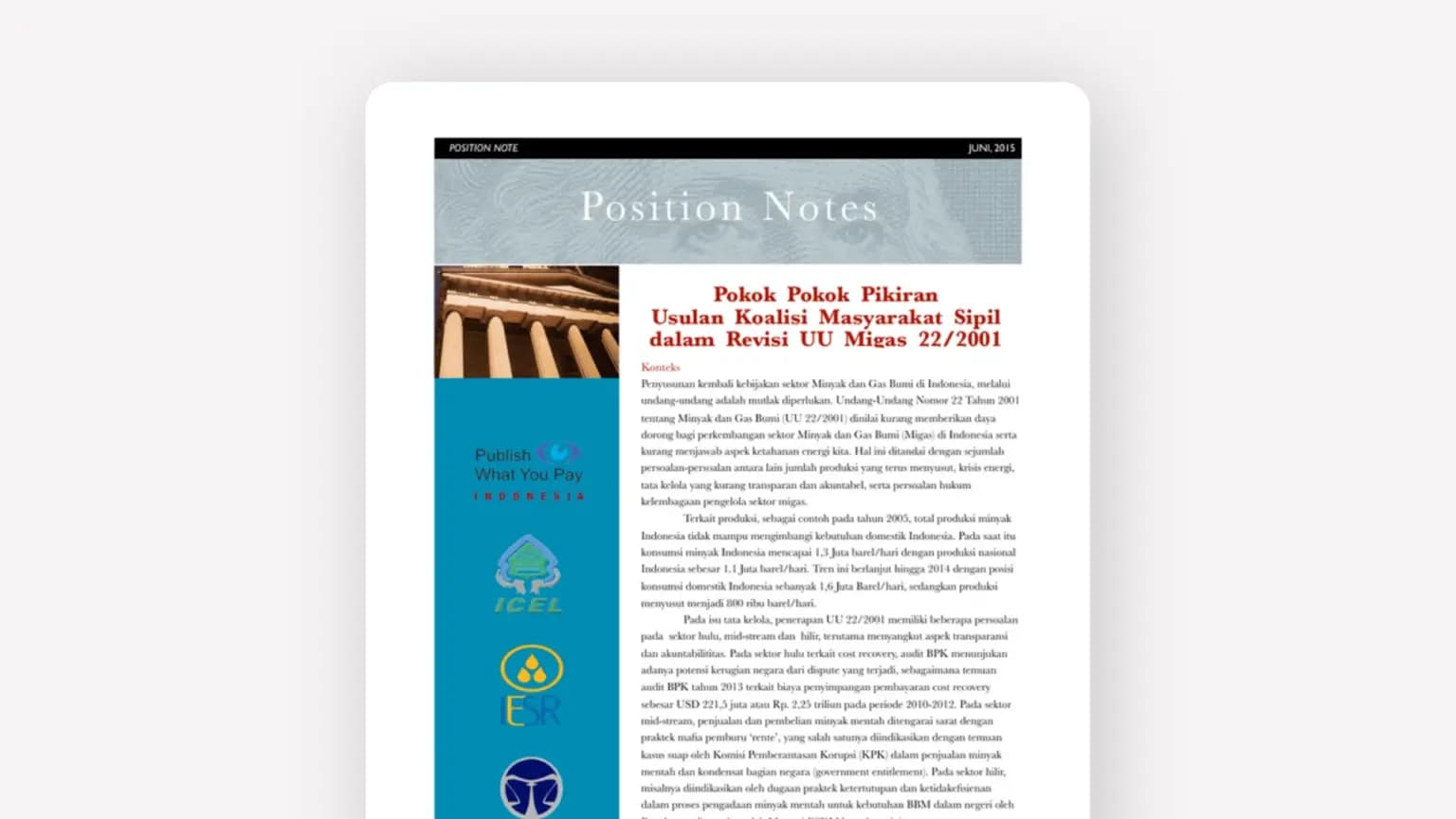 Cover: Position Notes: Pokok-Pokok Pikiran Usulan Koalisi Masyarakat Sipil dalam Revisi UU Migas 22/2001