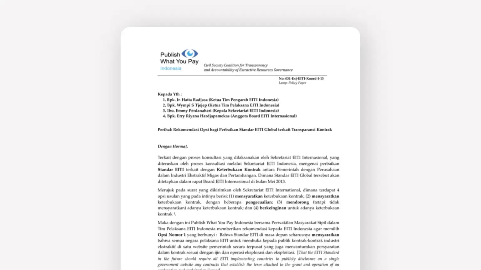 Cover: Rekomendasi Opsi bagi Perbaikan Standar EITI Global terkait Transparansi Kontrak
