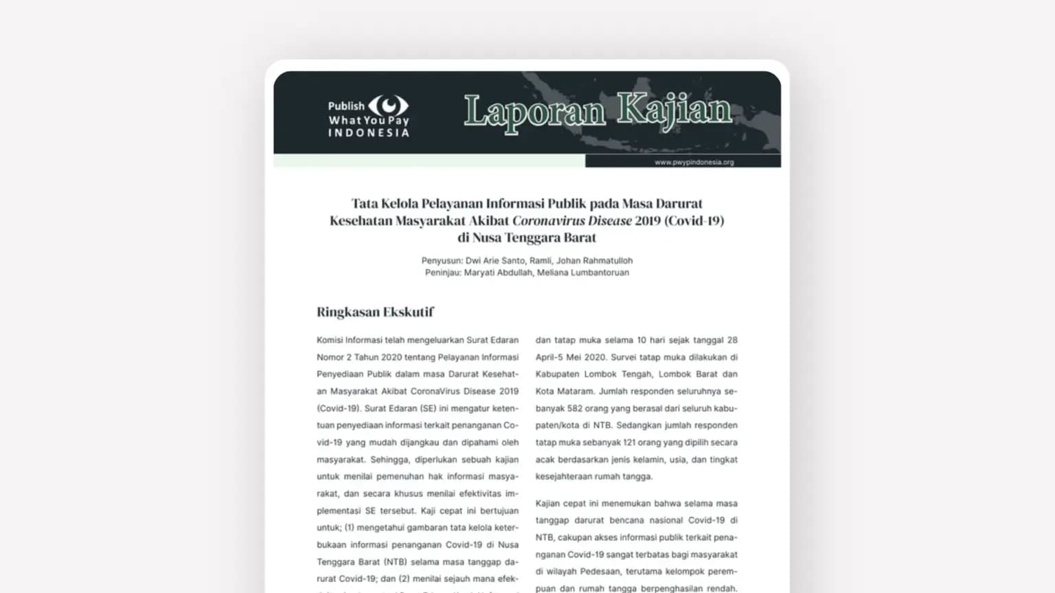 Cover: Tata Kelola Pelayanan Informasi Publik pada Masa Darurat Kesehatan Masyarakat Akibat Coronavirus Disease 2019 (Covid-19) di Nusa Tenggara Barat